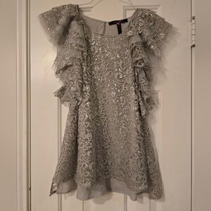 BCBG MAXAZRIA Silver Steacy Lace Shimmery Blouse Ruffle Sleeve Barbicore Fairy